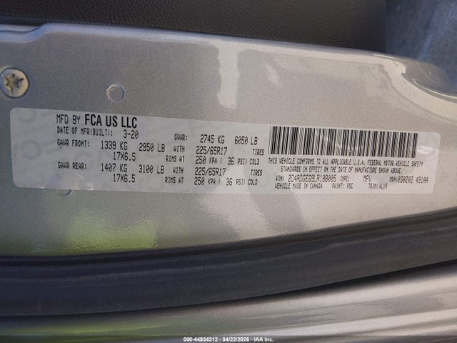 44934312 :رقم المزاد ، 2C4RDGEG9LR188005 vin ، 2020 Dodge Grand Caravan Gt مزاد بيع
