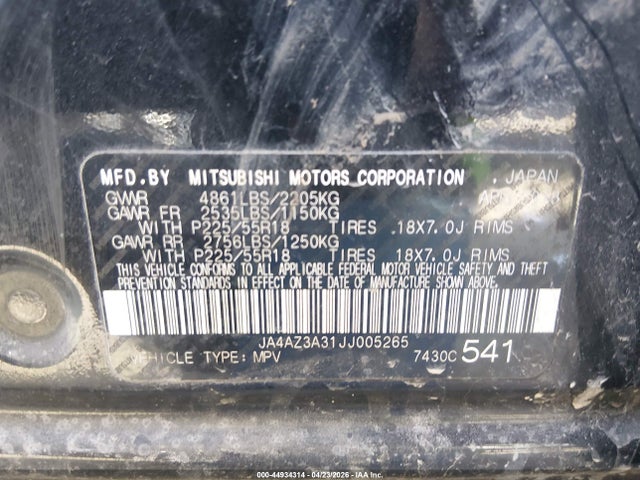 Продаж на аукціоні авто 2018 Mitsubishi Outlander Es, vin: JA4AZ3A31JJ005265, номер лоту: 44934314