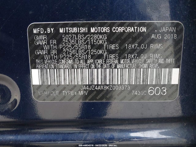 2019 Mitsubishi Outlander Gt მანქანა იყიდება აუქციონზე, vin: JA4JZ4AX8KZ009373, აუქციონის ნომერი: 44934316