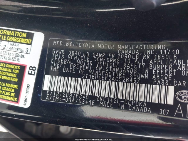 44934318 :رقم المزاد ، 2T1BU4EE2AC526467 vin ، 2010 Toyota Corolla Le مزاد بيع