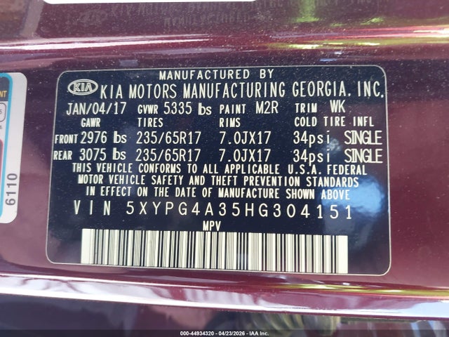Aukcja sprzedaży 2017 Kia Sorento 2.4l Lx, vin: 5XYPG4A35HG304151, numer aukcji: 44934320