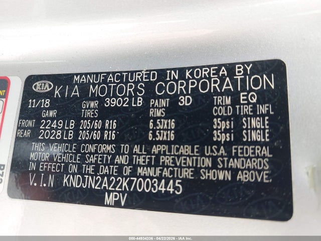 44934336 :رقم المزاد ، KNDJN2A22K7003445 vin ، 2019 Kia Soul مزاد بيع