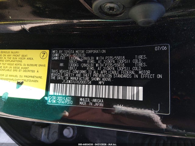 44934338 :رقم المزاد ، JTJGW31U762000734 vin ، 2006 Lexus Rx 400h مزاد بيع