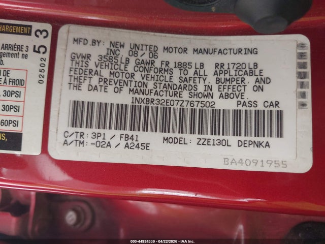 Aukcja sprzedaży 2007 Toyota Corolla Le, vin: 1NXBR32E07Z767502, numer aukcji: 44934339