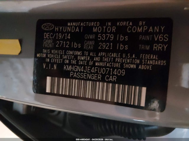 Продажа на аукционе авто 2015 Hyundai Genesis 3.8, vin: KMHGN4JE4FU071409, номер лота: 44934341
