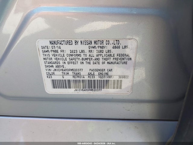 Auction sale of the 2015 Infiniti Q40, vin: JN1CV6AR0FM520377, lot number: 44934343