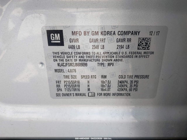 Aukcja sprzedaży 2018 Buick Encore Preferred Ii, vin: KL4CJFSM2JB609099, numer aukcji: 44934355