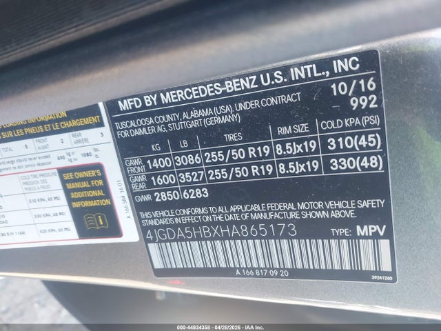 Aukcja sprzedaży 2017 Mercedes-benz Gle 350 4matic, vin: 4JGDA5HBXHA865173, numer aukcji: 44934358