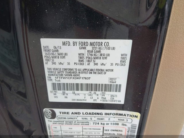 44934369 :رقم المزاد ، 1FTFW1CFXDKF17637 vin ، 2013 Ford F-150 Lariat مزاد بيع