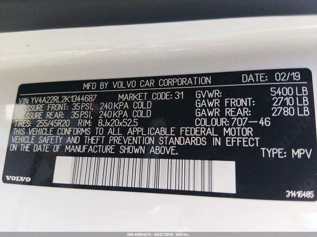 2019 Volvo Xc60 T6 Inscription მანქანა იყიდება აუქციონზე, vin: YV4A22RL2K1344687, აუქციონის ნომერი: 44934370