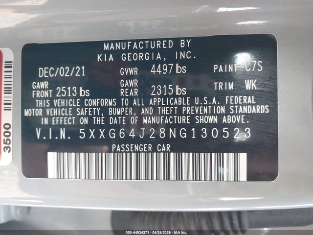 44934371 :رقم المزاد ، 5XXG64J28NG130523 vin ، 2022 Kia K5 Gt-line مزاد بيع