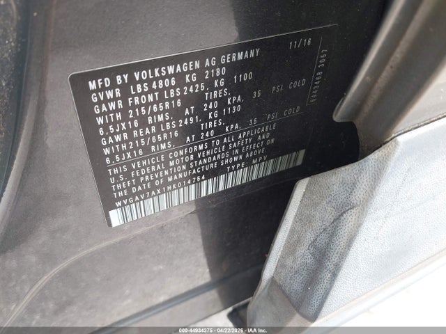 Aukcja sprzedaży 2017 Volkswagen Tiguan 2.0t/2.0t S, vin: WVGAV7AX1HK014754, numer aukcji: 44934375