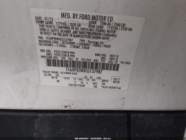 2012 Ford Taurus Sel მანქანა იყიდება აუქციონზე, vin: 1FAHP2EWXCG137987, აუქციონის ნომერი: 44934387