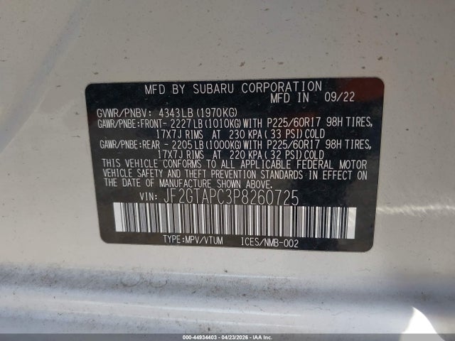 Продажа на аукционе авто 2023 Subaru Crosstrek Premium, vin: JF2GTAPC3P8260725, номер лота: 44934403