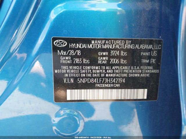 2018 Hyundai Elantra Sel მანქანა იყიდება აუქციონზე, vin: 5NPD84LF7JH342194, აუქციონის ნომერი: 44934414