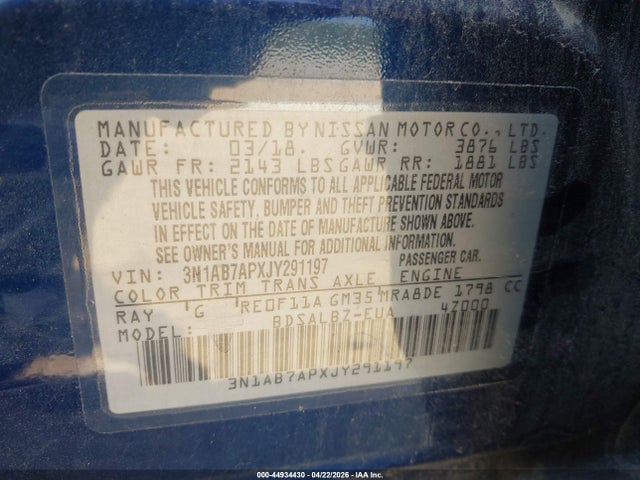 2018 Nissan Sentra S მანქანა იყიდება აუქციონზე, vin: 3N1AB7APXJY291197, აუქციონის ნომერი: 44934430
