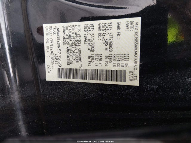 Продаж на аукціоні авто 2019 Nissan Titan Sv, vin: 1N6AA1E52KN527259, номер лоту: 44934434