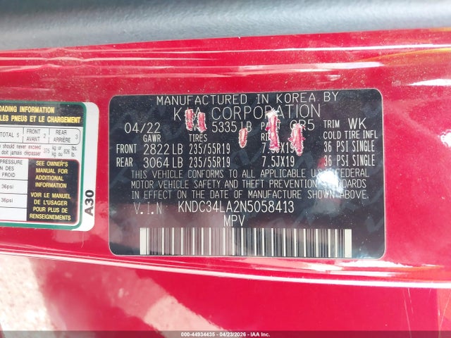 Aukcja sprzedaży 2022 Kia Ev6 Wind, vin: KNDC34LA2N5058413, numer aukcji: 44934435