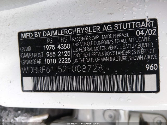 Aukcja sprzedaży 2002 Mercedes-benz C 240, vin: WDBRF61J52E008728, numer aukcji: 44934437