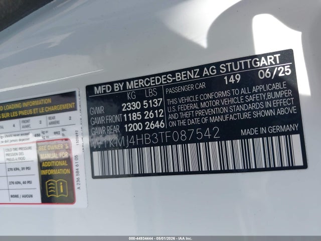 2026 Mercedes-benz Cle 300 მანქანა იყიდება აუქციონზე, vin: W1KMJ4HB3TF087542, აუქციონის ნომერი: 44934444