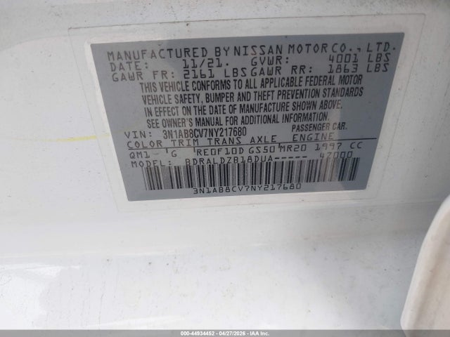 3N1AB8CV7NY217680 Nissan Sentra Sv Xtronic Cvt