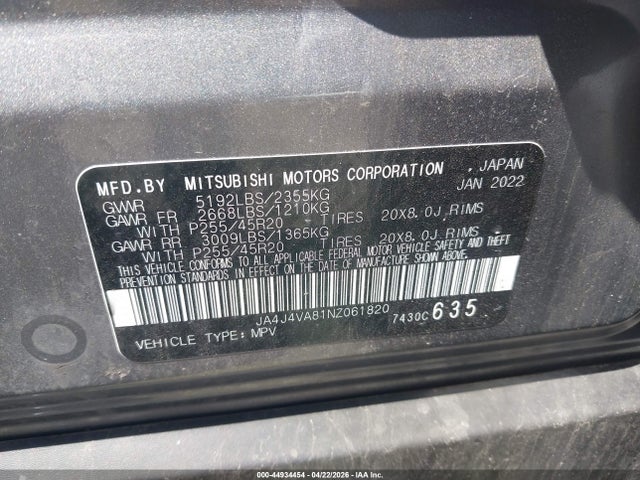 44934454 :رقم المزاد ، JA4J4VA81NZ061820 vin ، 2022 Mitsubishi Outlander Sel 2.5 S-awc/sel Launch Edition S-awc/sel Special Edition S-awc مزاد بيع