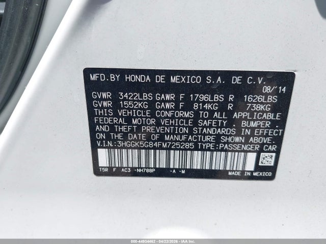 3HGGK5G84FM725285 Honda FIT EX
