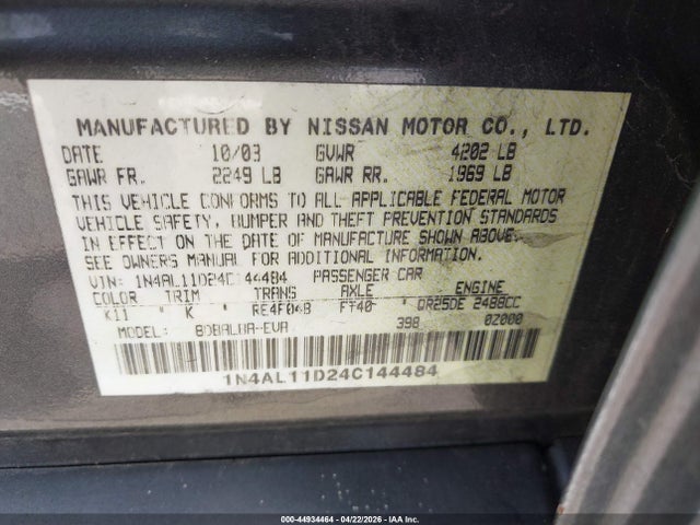 2004 Nissan Altima 2.5 S მანქანა იყიდება აუქციონზე, vin: 1N4AL11D24C144484, აუქციონის ნომერი: 44934464