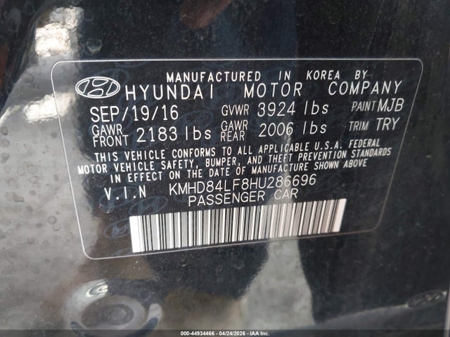 44934466 :رقم المزاد ، KMHD84LF8HU286696 vin ، 2017 Hyundai Elantra Limited مزاد بيع