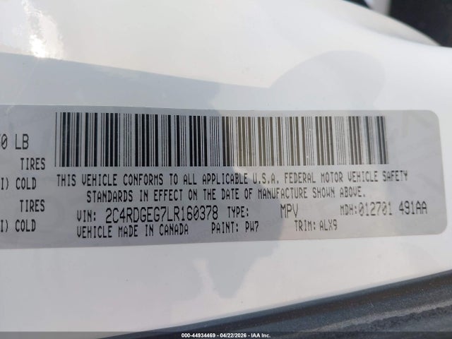 44934469 :رقم المزاد ، 2C4RDGEG7LR160378 vin ، 2020 Dodge Grand Caravan Gt مزاد بيع