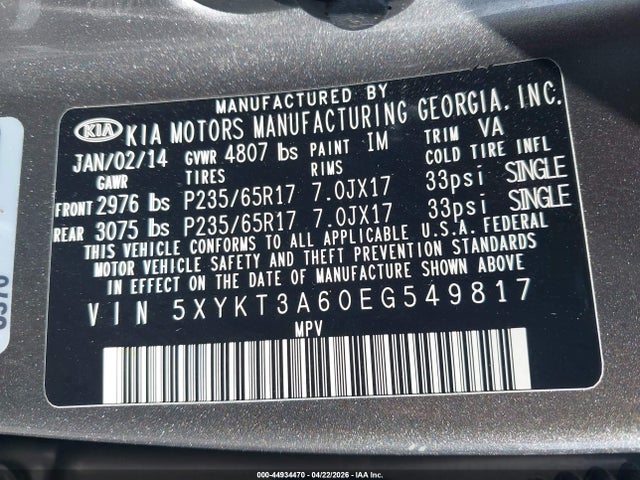 44934470 :رقم المزاد ، 5XYKT3A60EG549817 vin ، 2014 Kia Sorento Lx مزاد بيع