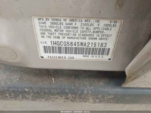 1998 Honda Accord Lx მანქანა იყიდება აუქციონზე, vin: 1HGCG5645WA215183, აუქციონის ნომერი: 44934474