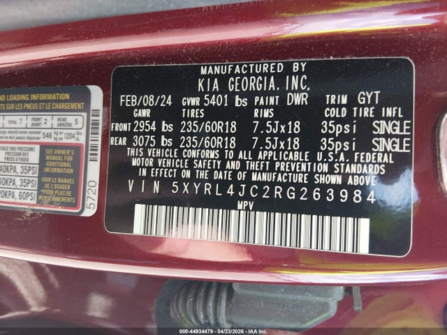 Продаж на аукціоні авто 2024 Kia Sorento S, vin: 5XYRL4JC2RG263984, номер лоту: 44934479