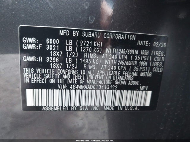 2026 Subaru Ascent Premium 8-passenger მანქანა იყიდება აუქციონზე, vin: 4S4WMAAD0T3413122, აუქციონის ნომერი: 44934487