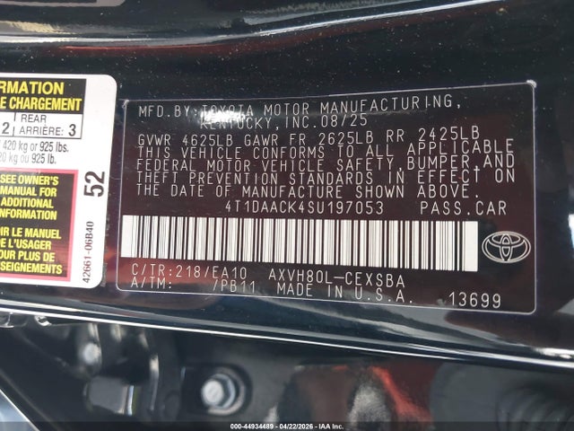 2025 Toyota Camry Se მანქანა იყიდება აუქციონზე, vin: 4T1DAACK4SU197053, აუქციონის ნომერი: 44934489