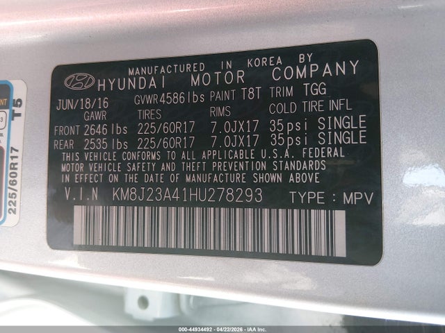 Продаж на аукціоні авто 2017 Hyundai Tucson Se, vin: KM8J23A41HU278293, номер лоту: 44934492