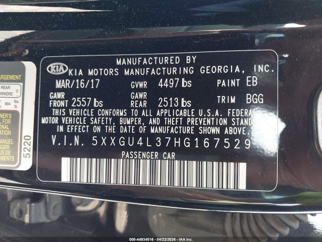 Aukcja sprzedaży 2017 Kia Optima Ex, vin: 5XXGU4L37HG167529, numer aukcji: 44934516