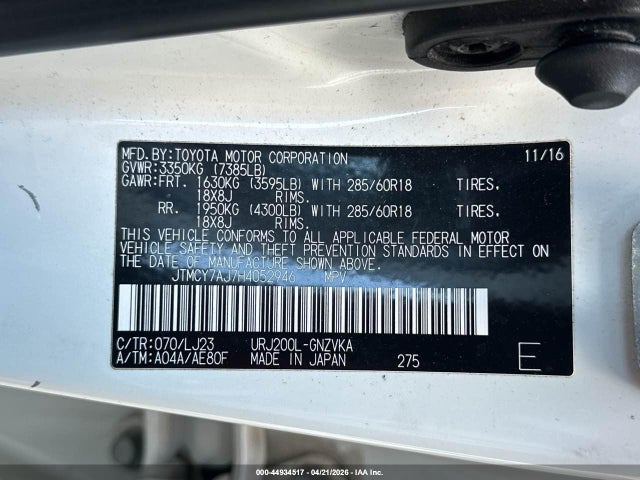 Aukcja sprzedaży 2017 Toyota Land Cruiser V8, vin: JTMCY7AJ7H4052946, numer aukcji: 44934517