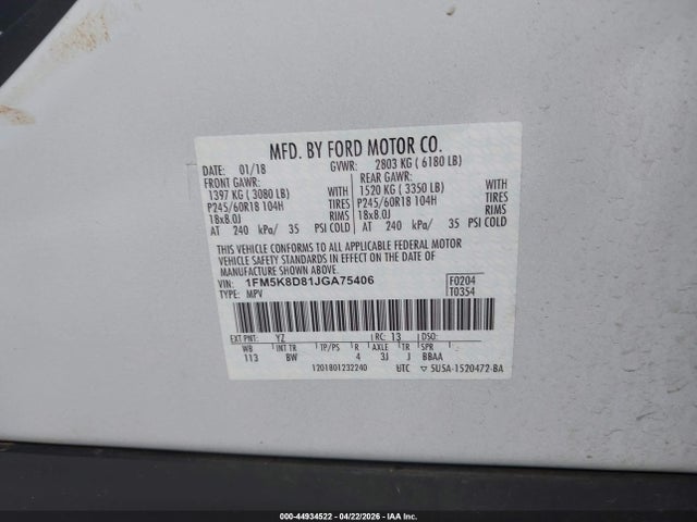 Продажа на аукционе авто 2018 Ford Explorer Xlt, vin: 1FM5K8D81JGA75406, номер лота: 44934522