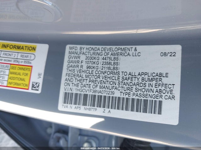 2022 Honda Accord Sport მანქანა იყიდება აუქციონზე, vin: 1HGCV1F38NA070239, აუქციონის ნომერი: 44934524