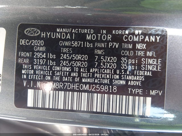 2021 Hyundai Palisade Calligraphy მანქანა იყიდება აუქციონზე, vin: KM8R7DHE0MU259818, აუქციონის ნომერი: 44934545