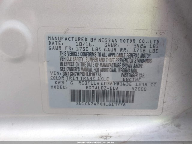 3N1CN7APXHL819778 Nissan Versa 1.6 Sv