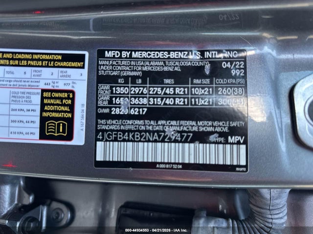 Продаж на аукціоні авто 2022 Mercedes-benz Gle 350 4matic, vin: 4JGFB4KB2NA729477, номер лоту: 44934553