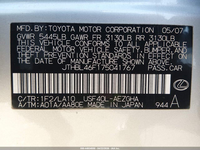 Aukcja sprzedaży 2007 Lexus Ls 460, vin: JTHBL46F175041767, numer aukcji: 44934558