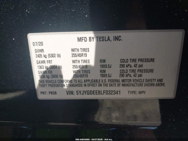 Aukcja sprzedaży 2020 Tesla Model Y Long Range Dual Motor All-wheel Drive, vin: 5YJYGDEE8LF032341, numer aukcji: 44934568
