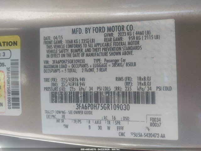2016 Ford Fusion Se მანქანა იყიდება აუქციონზე, vin: 3FA6P0H75GR109030, აუქციონის ნომერი: 44934576