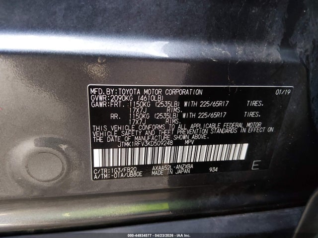 44934577 :رقم المزاد ، JTMK1RFV3KD509248 vin ، 2019 Toyota Rav4 Le مزاد بيع