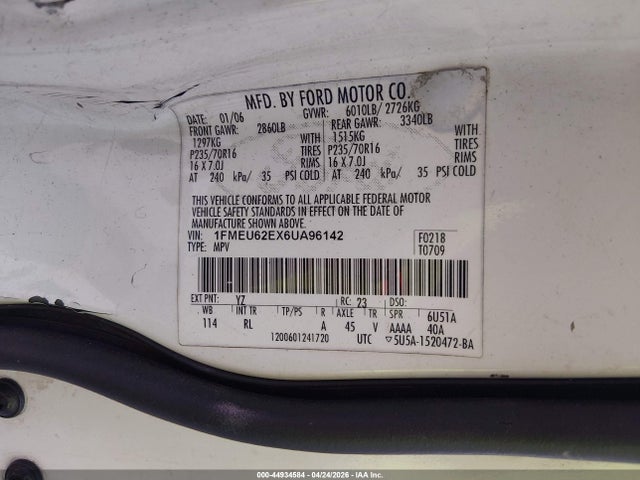 2006 Ford Explorer Xls მანქანა იყიდება აუქციონზე, vin: 1FMEU62EX6UA96142, აუქციონის ნომერი: 44934584