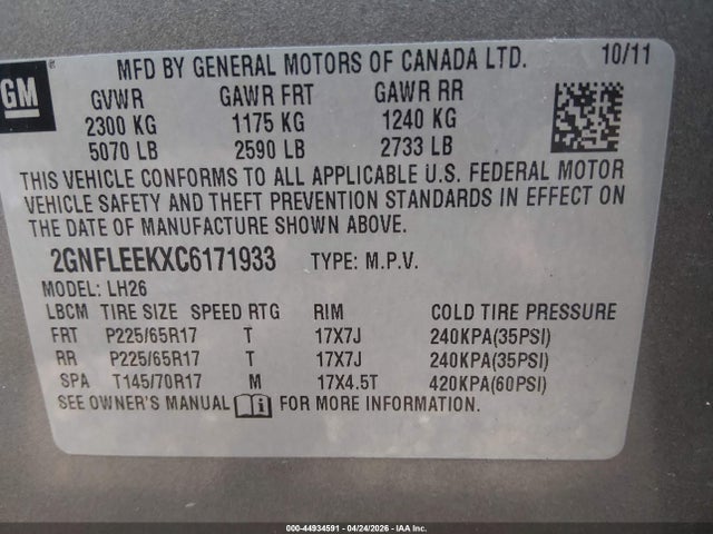 44934591 :رقم المزاد ، 2GNFLEEKXC6171933 vin ، 2012 Chevrolet Equinox 1lt مزاد بيع