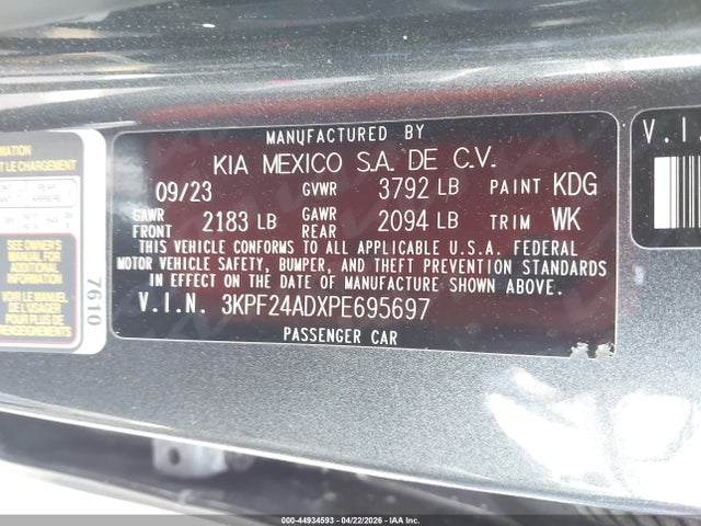 2023 Kia Forte Lxs მანქანა იყიდება აუქციონზე, vin: 3KPF24ADXPE695697, აუქციონის ნომერი: 44934593